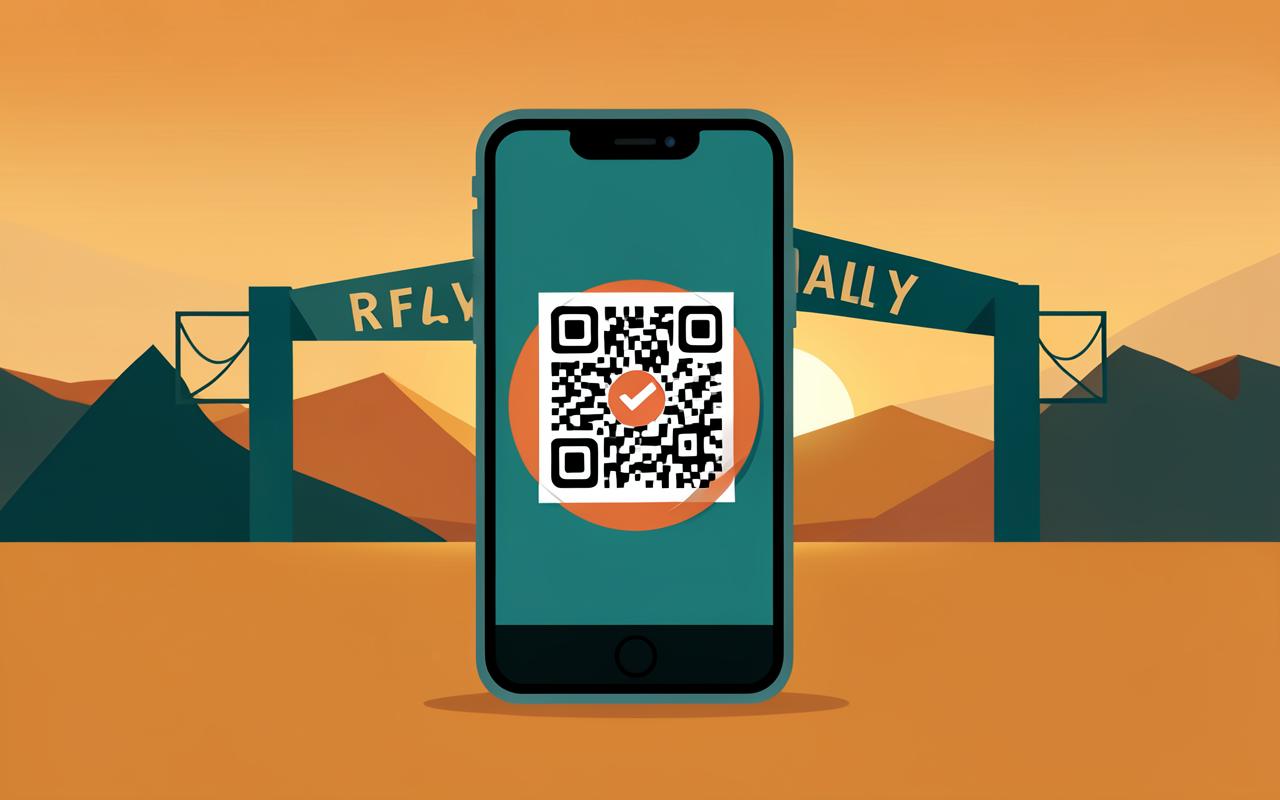 رسم توضيحي: هاتف يعرض تصريح QR مع رمز إلغاء أمام بوابة الرالي عند الغروب